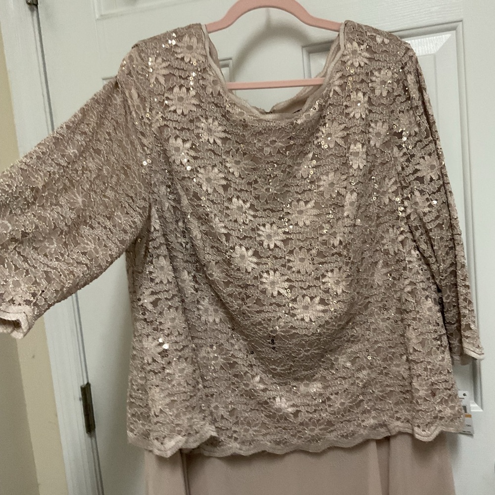 NWT Alex Evenings Crew Neck 3/4 Sleeve Sequin Lace Dress- Taupe 24W - Picture 6 of 7